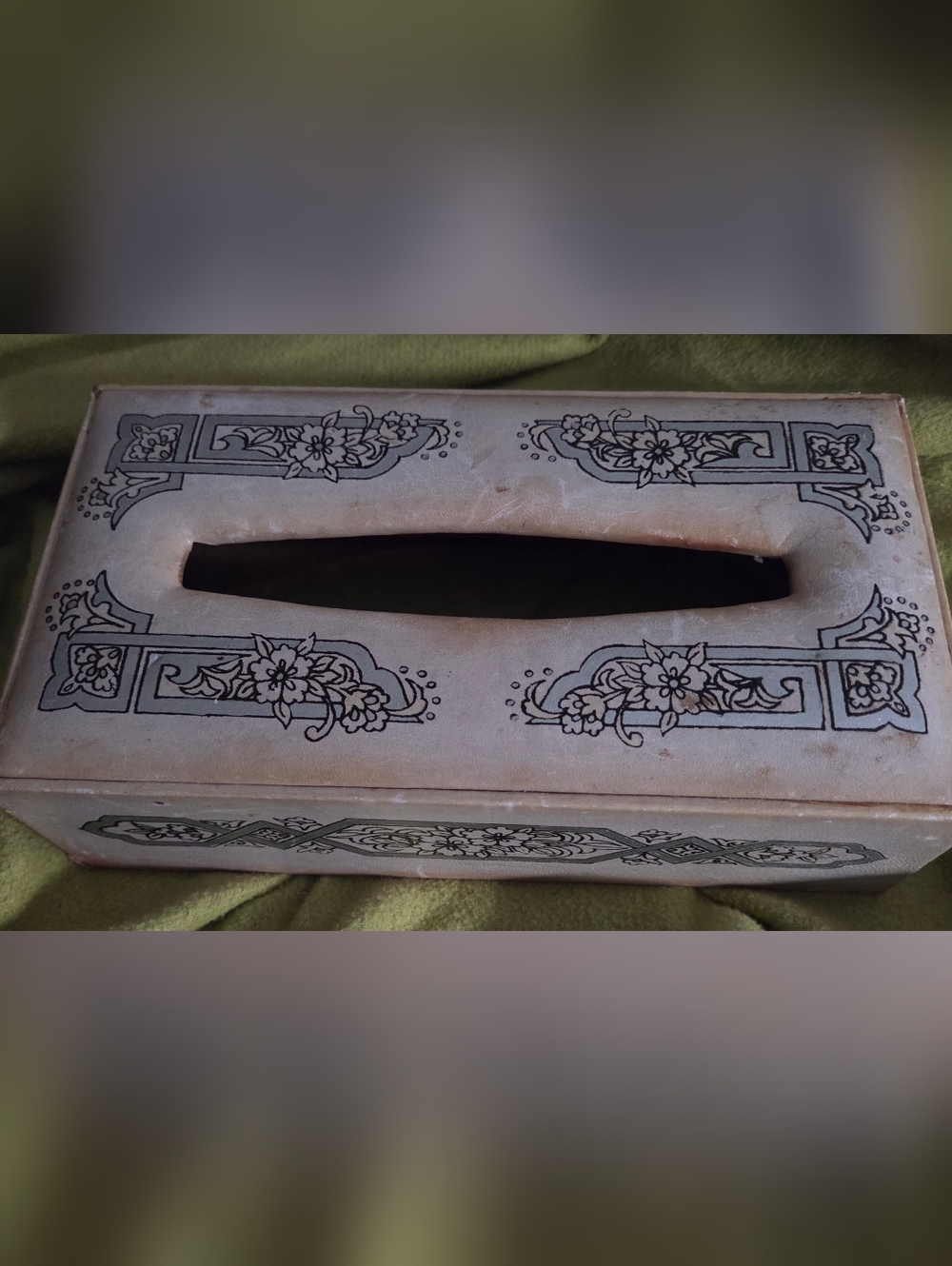 Vintage Leather Covered Wooden Hand Painted Deco Tissue Box Cover Pink/Blue